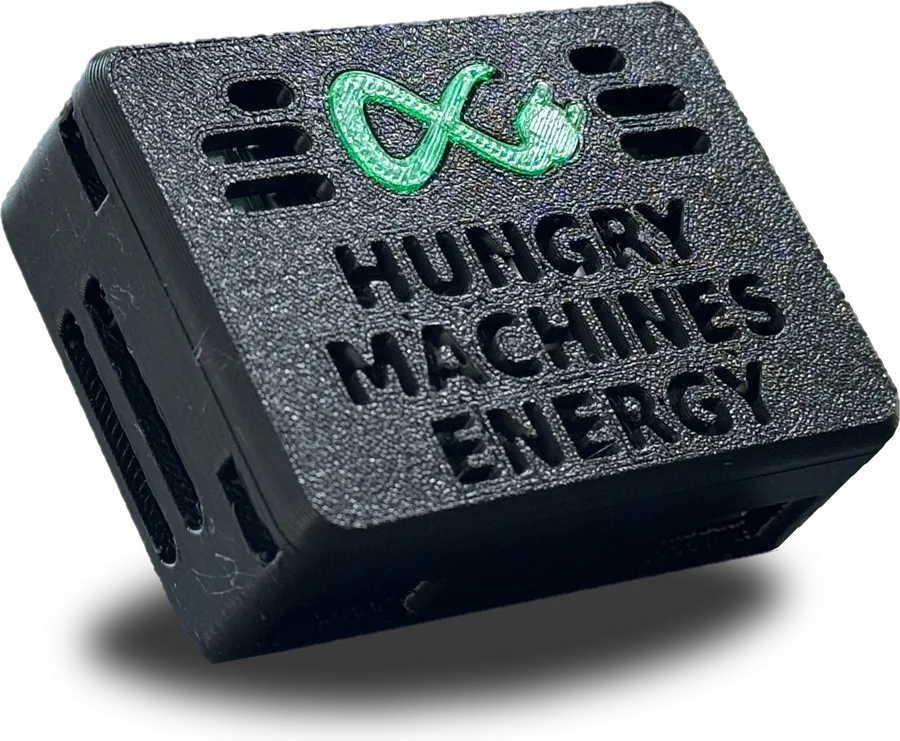 The Home Hub: a small black case with the Hungry Machines logo in green on the lid